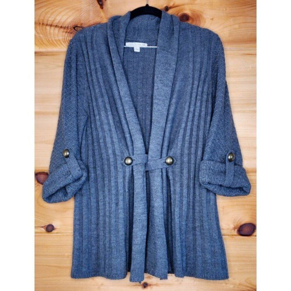 Carolyn Taylor Ash Gray Open Cardigan Sweater Size L Gold Toned Button Accents